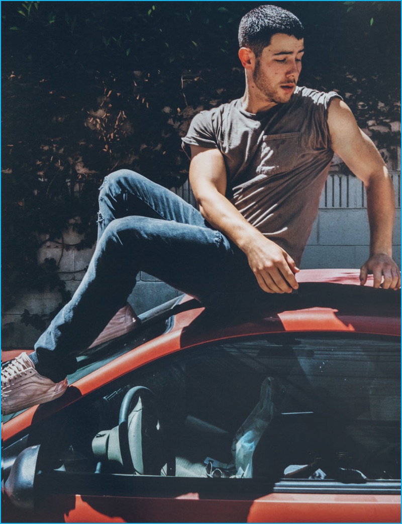 Nick Jonas goes casual for the pages of Wonderland magazine.