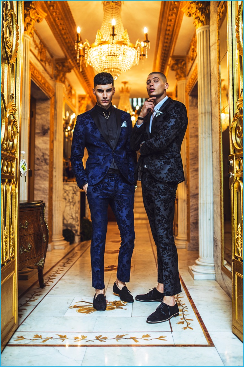 Models Savio de Chiara and Francesco Cuizza don patterned suiting from Noose & Monkey's fall-winter 2016 collection.