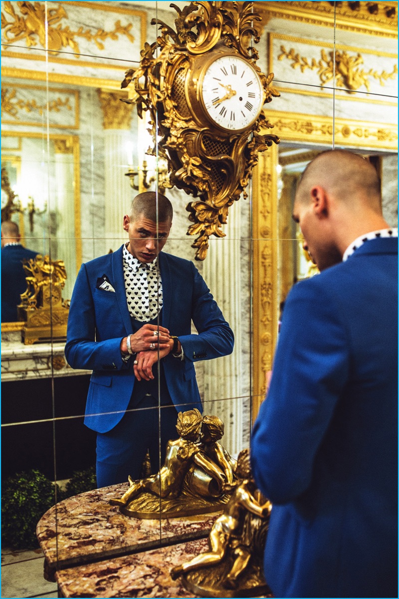 Francesco Cuizza pictured in a regal blue suit from Noose & Monkey's fall-winter 2016 collection.
