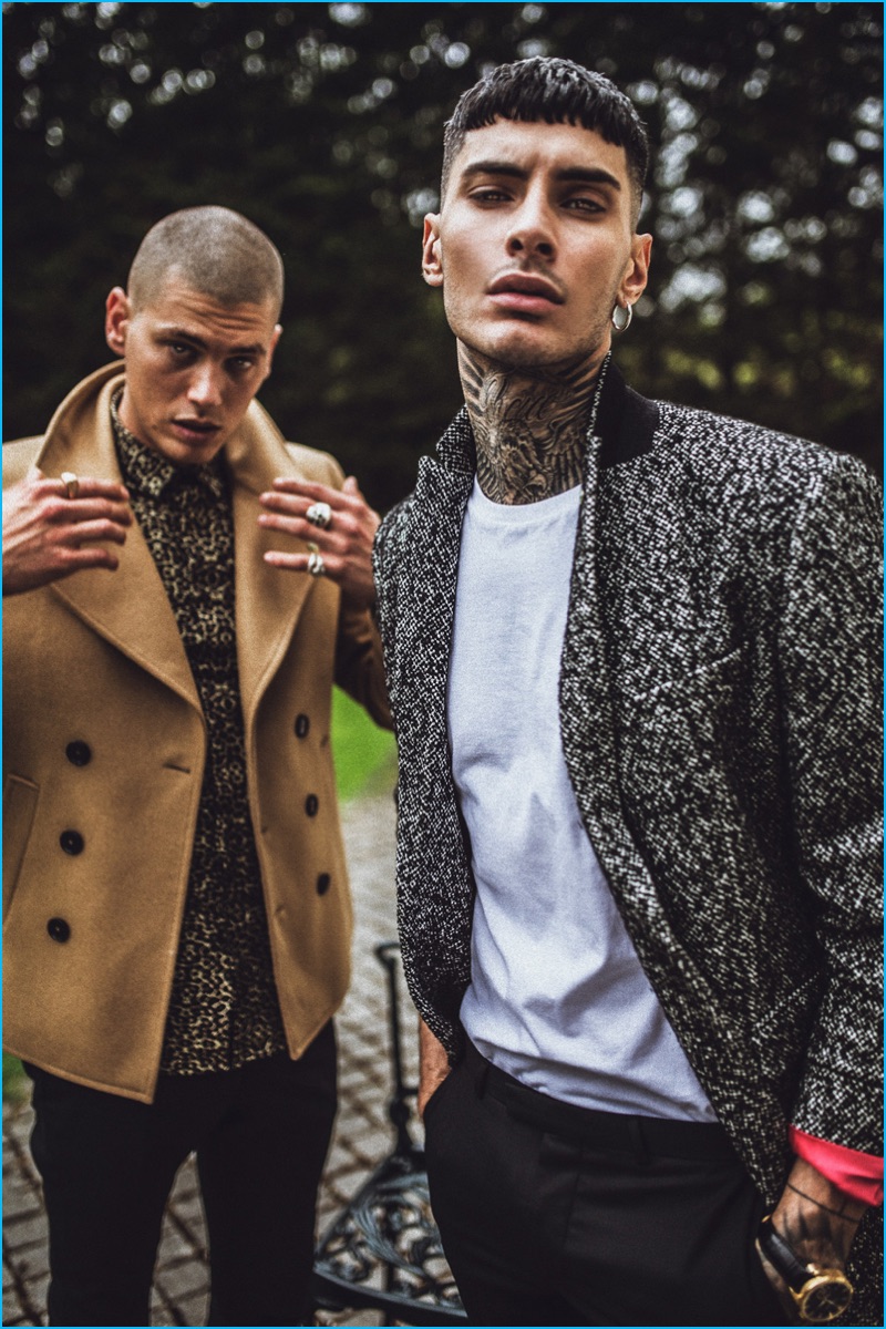 Savio de Chiara and Francesco Cuizza pictured in tailored outerwear from Noose & Monkey's fall-winter 2016 collection.