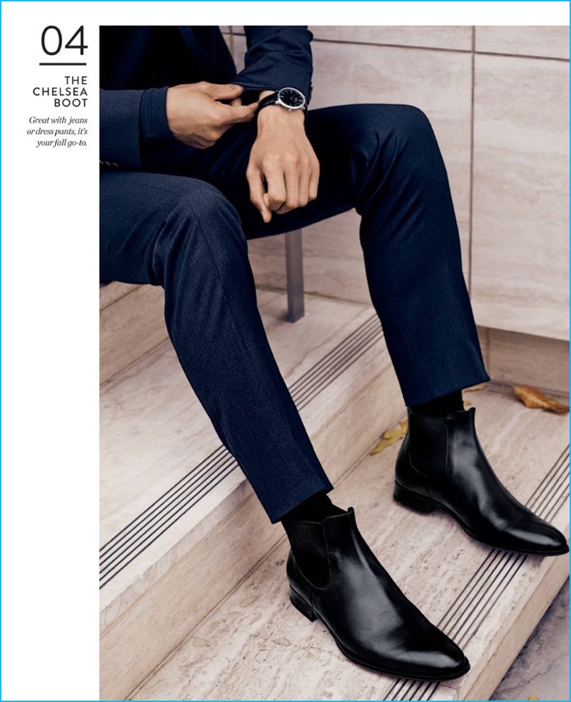 The Chelsea Boot: Ben Hill rocks To Boot New York black chelsea boots with AG's Nomad skinny fit stretch pants and BOSS' ultra slim leather strap watch.