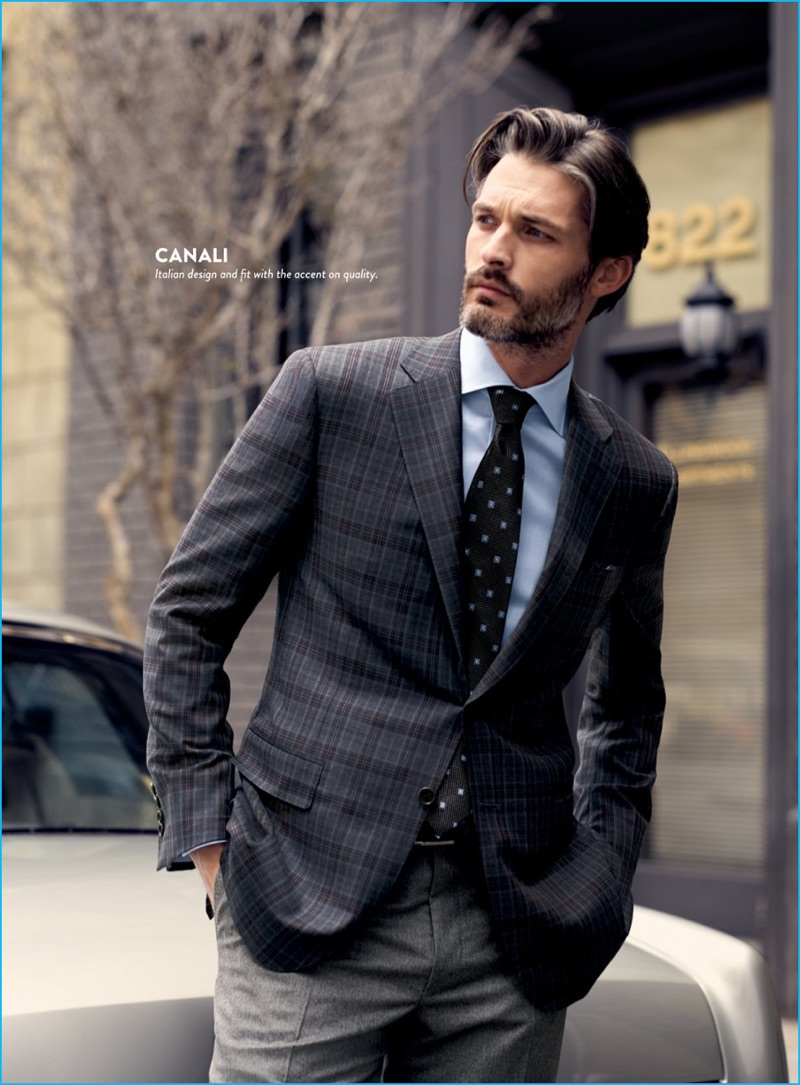 Ben Hill wears plaid sport coat, shirt, tie and grey trousers Canali.