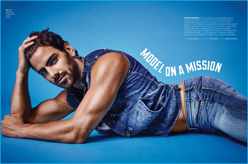 Nyle DiMarco pictured in a Dsquared2 denim vest with Rufskin denim jeans for Attitude magazine.