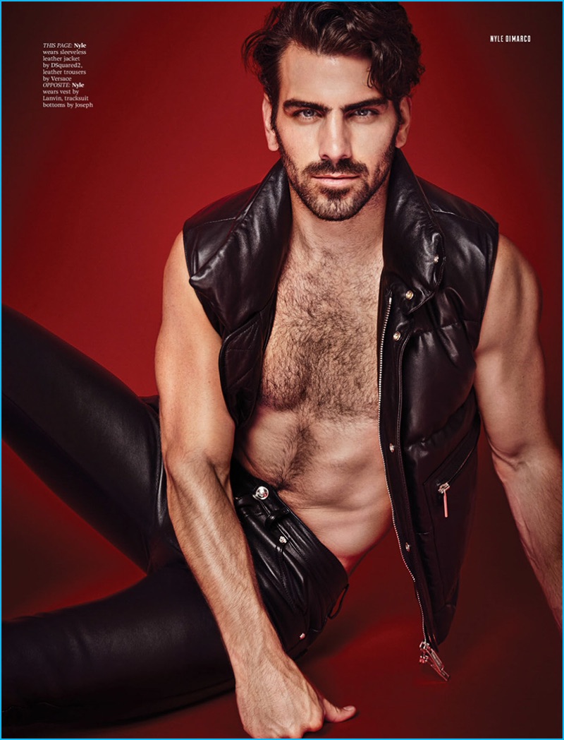 Nyle DiMarco rocks a Dsquared2 leather vest with Versace leather pants for Attitude magazine.
