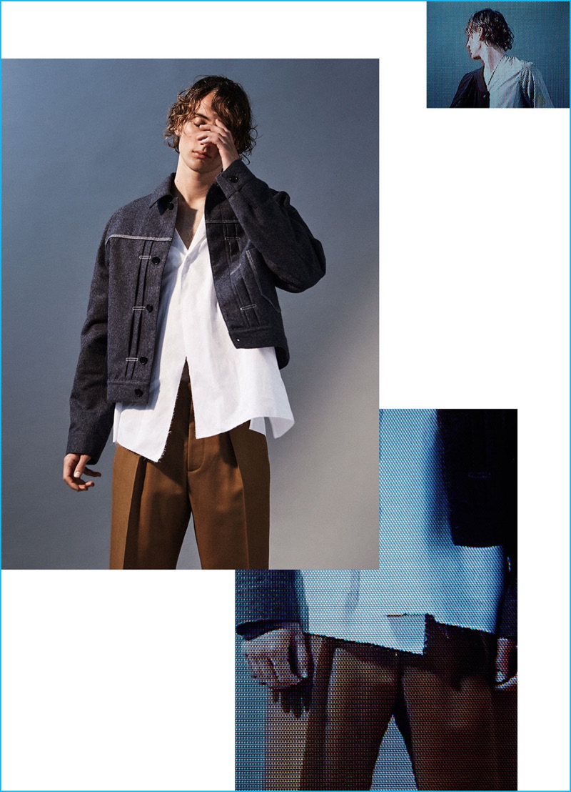 JJ wears boxy jacket Maison Margiela, collarless overshirt and loose fit trousers Marni.