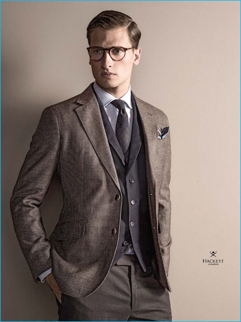 British model Tom Warren is a smart vision in fall tailoring from Hackett London.