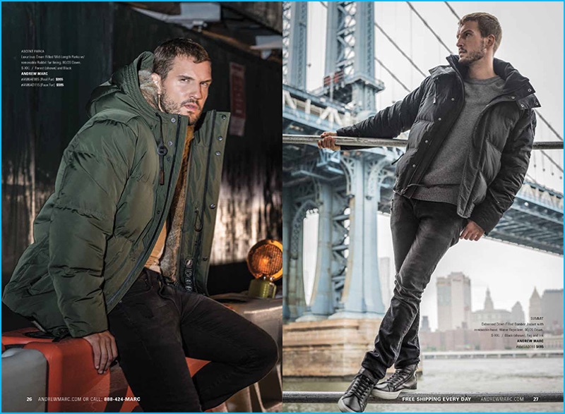 Parker Hurley models down jackets from Andrew Marc's fall-winter 2016 men's collection.