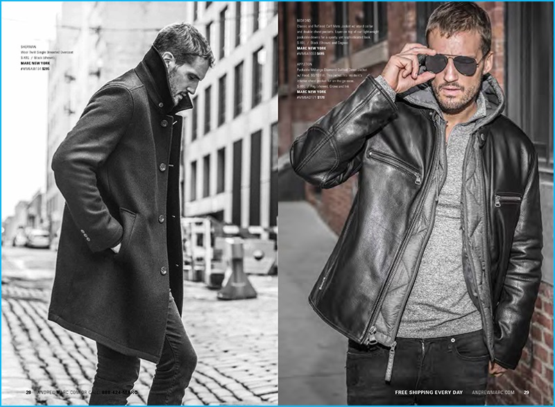 Parker Hurley is an urban vision in a single-breasted coat and leather jacket from Andrew Marc's fall-winter 2016 men's collection.