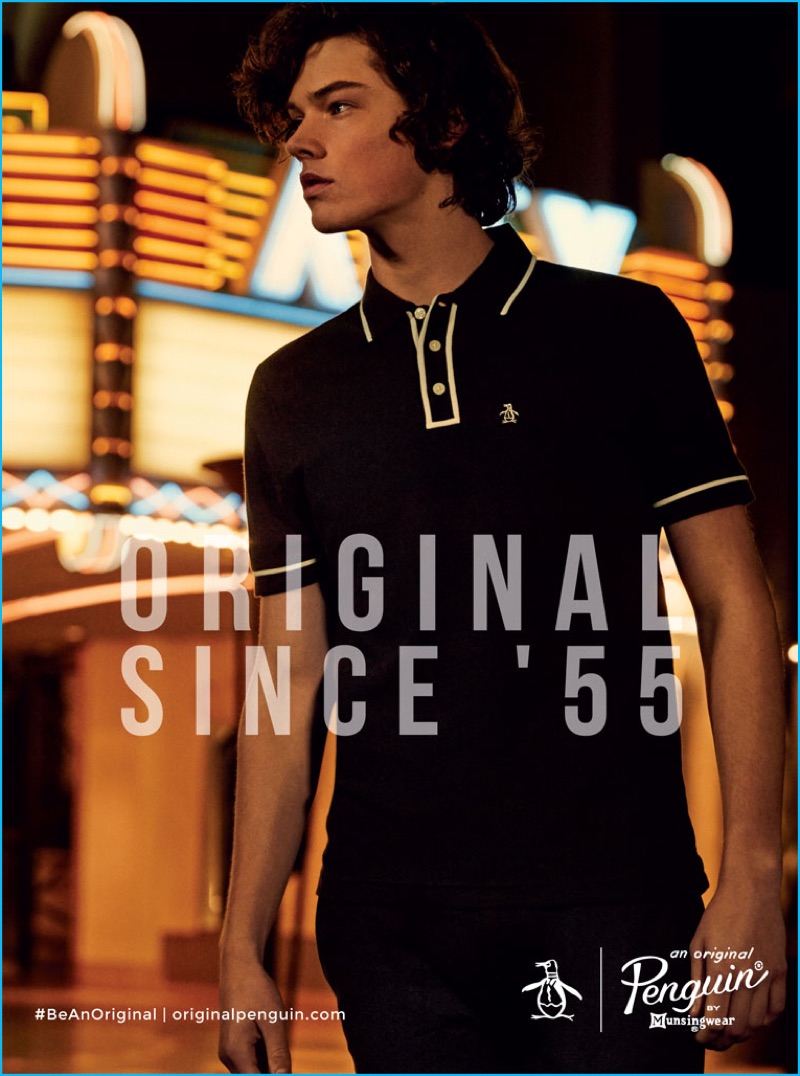 Max Masters dons a polo shirt for Original Penguin's fall-winter 2016 campaign.
