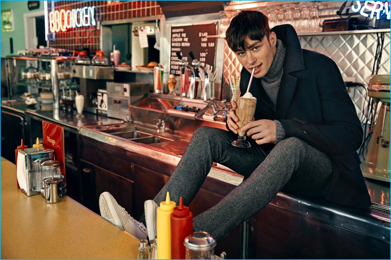 Dressed for a stylish season, Tyler Recher enjoys a milkshake for Original Penguin's fall-winter 2016 campaign.