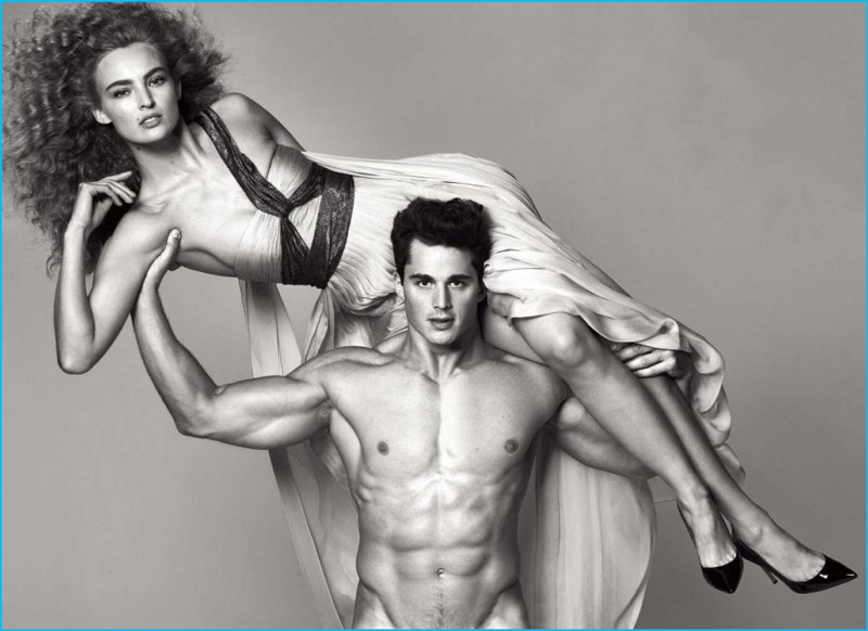 Pietro Boselli goes naked as he poses with model Ymre Stiekema for Ladies magazine.