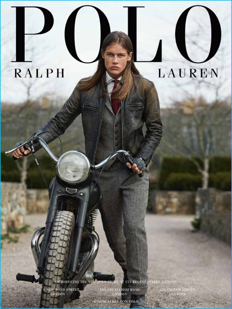 Model James Phillips dons a herringbone vest and trousers with a leather café racer jacket for Polo Ralph Lauren's fall-winter 2016 campaign.