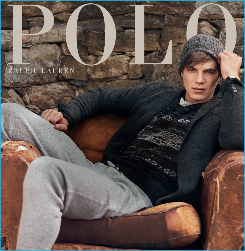 Bertold Zahoran goes casual in a knit blazer and grey athletic pants for Polo Ralph Lauren's fall-winter 2016 campaign.