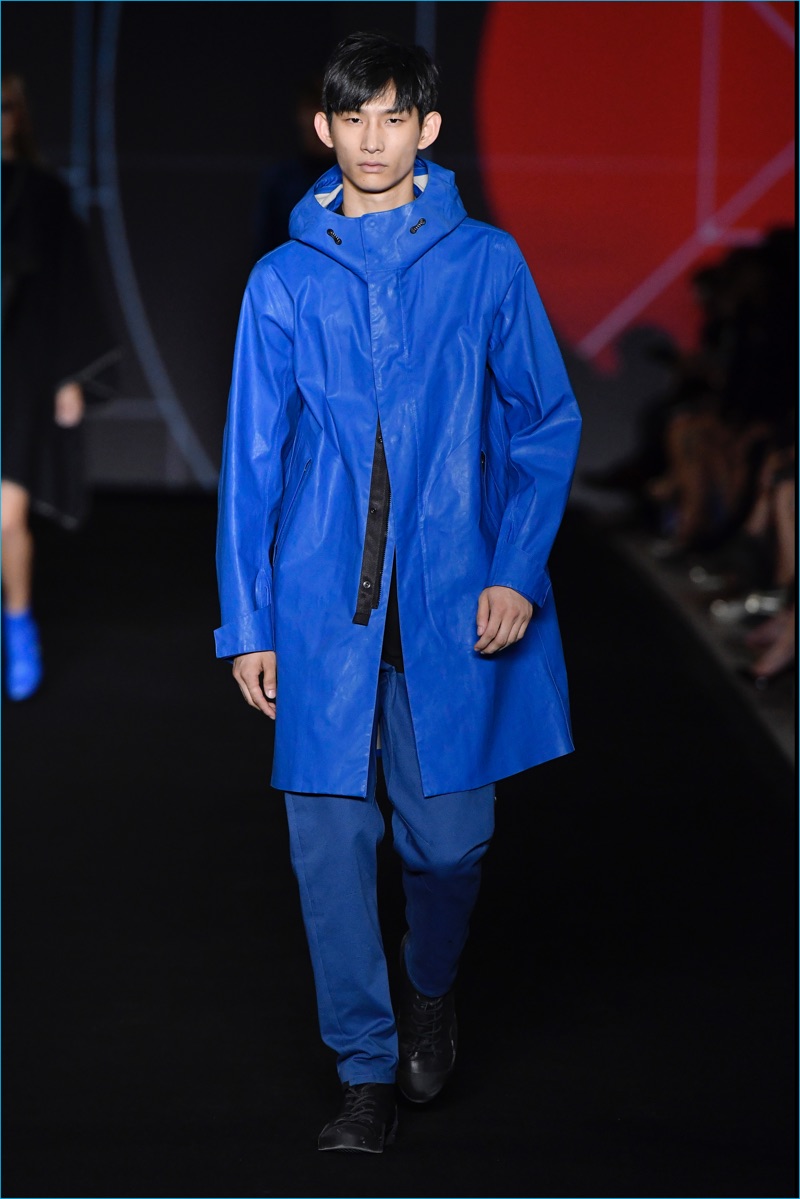 Rag & Bone has a bold brust of color with a sporty blue hooded parka for spring-summer 2017.