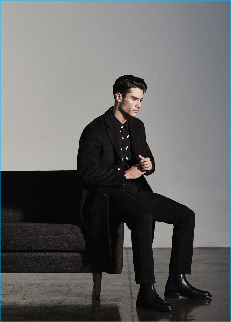 Sporting head to toe black, Diego Barrueco fronts Reiss 1971's fall-winter 2016 outing.