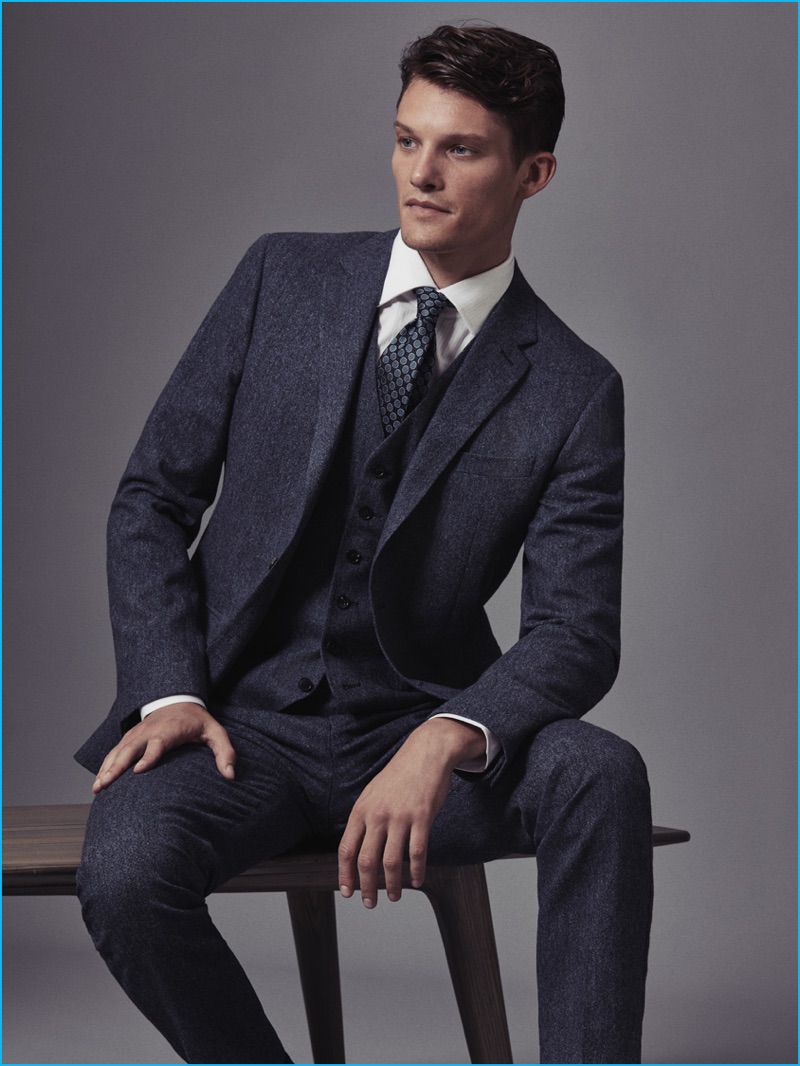 Danny Beauchamp is a sharp vision in a three-piece suit from Reiss.