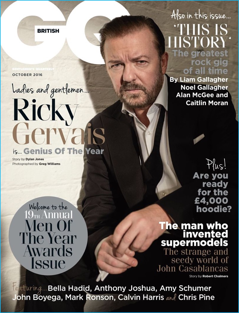 Genius of the Year, Ricky Gervais covers the October 2016 edition of British GQ for the magazine's Men of the Year issue.
