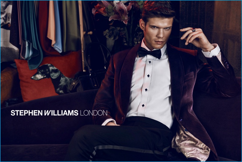 Robert Reider dons a purple velvet jacket for Stephen Williams London's fall-winter 2016 campaign.