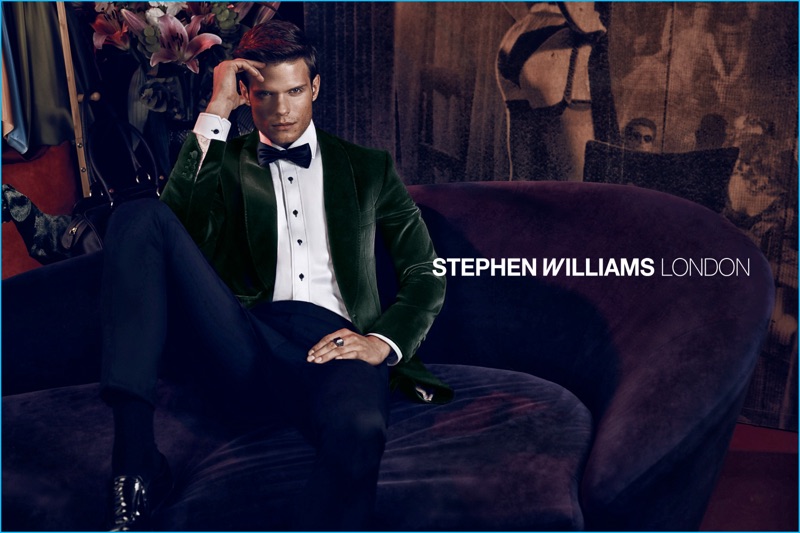 Robert Reider sports a green velvet blazer for Stephen Williams London's fall-winter 2016 campaign.