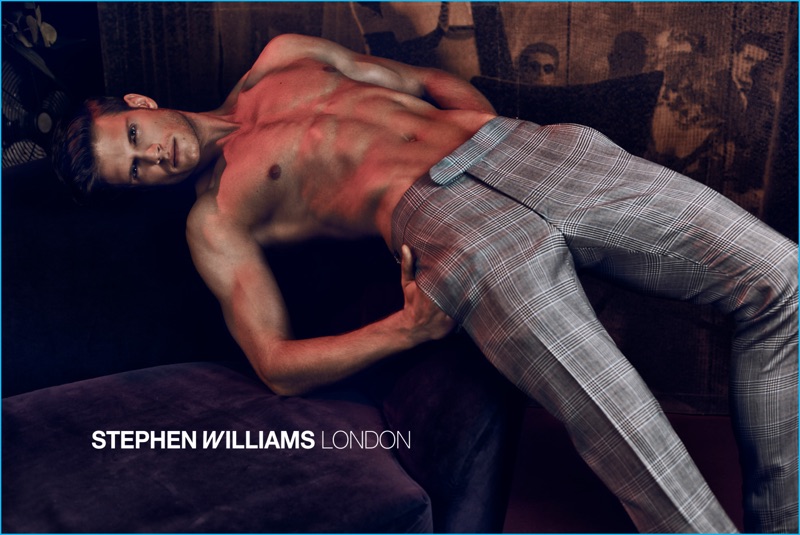 Robert Reider goes shirtless in a pair of checked trousers for Stephen Williams London's fall-winter 2016 campaign.
