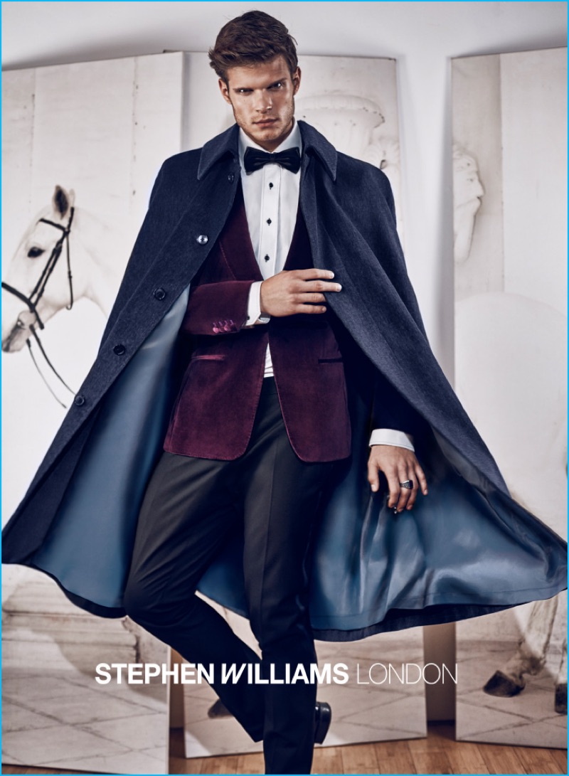 Robert Reider is a dashing vision in a sartorial cape for Stephen Williams London's fall-winter 2016 campaign.