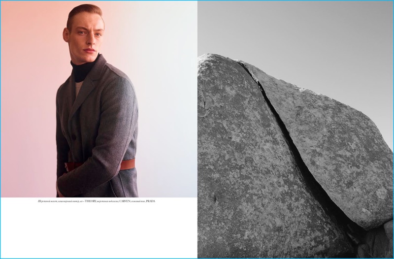 Roberto Sipos channels a military style aesthetic in Theory, Carven, and Prada for Vogue Ukraine Man.