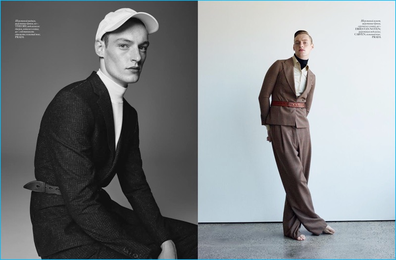 Roberto Sipos dons belted styles for Vogue Ukraine Man, wearing looks from Theory, Prada, Dries Van Noten, and Carven.