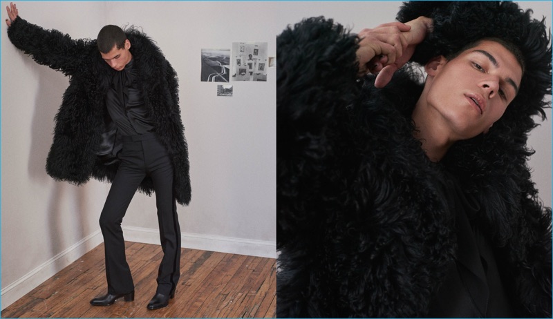 Saint Laurent's shaggy shearling coat makes quite the impression with a charmeuse tie-neck shirt, tuxedo striped trousers and Deven ankle boots.