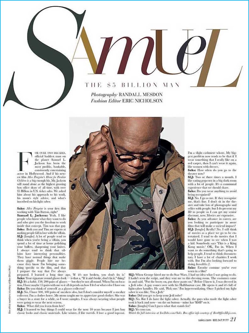 Samuel L. Jackson pictured in Valentino for Saks Fifth Avenue.