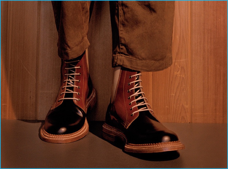 Workman boots are revisited with a rich colorblocking of leather, courtesy of Grenson. The brand's Fyra style is complemented by Yohji Yamamoto cropped trousers.