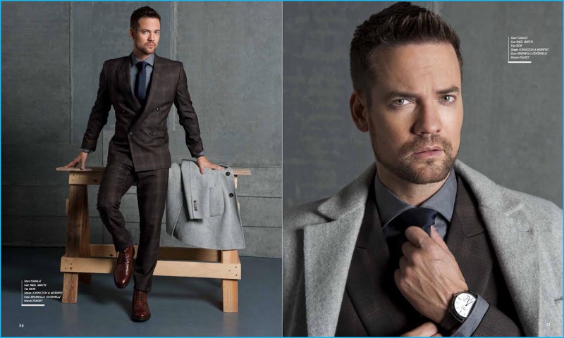Shane West dons a double-breasted suit from Paul Smith with a Canali shirt for Haute Living.