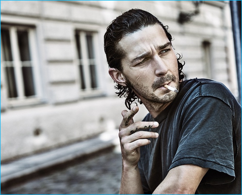 Shia LaBeouf enjoys a smoke with Variety magazine.