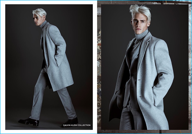 Oliver Stummvoll has a soft grey moment in tailoring from Calvin Klein Collection for Simons' fall-winter 2016 collections lookbook.
