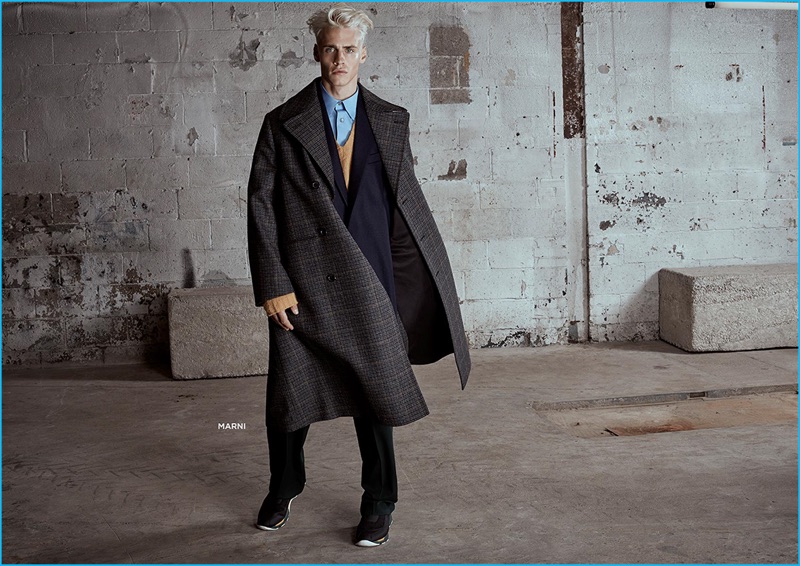 Oliver Stummvoll dons an oversized coat and refined tailoring from Marni for Simons' fall-winter 2016 collections lookbook.