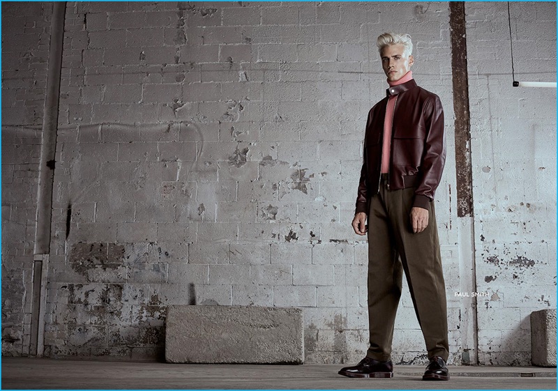 Oliver Stummvoll stands tall in Paul Smith for Simons' fall-winter 2016 collections lookbook.