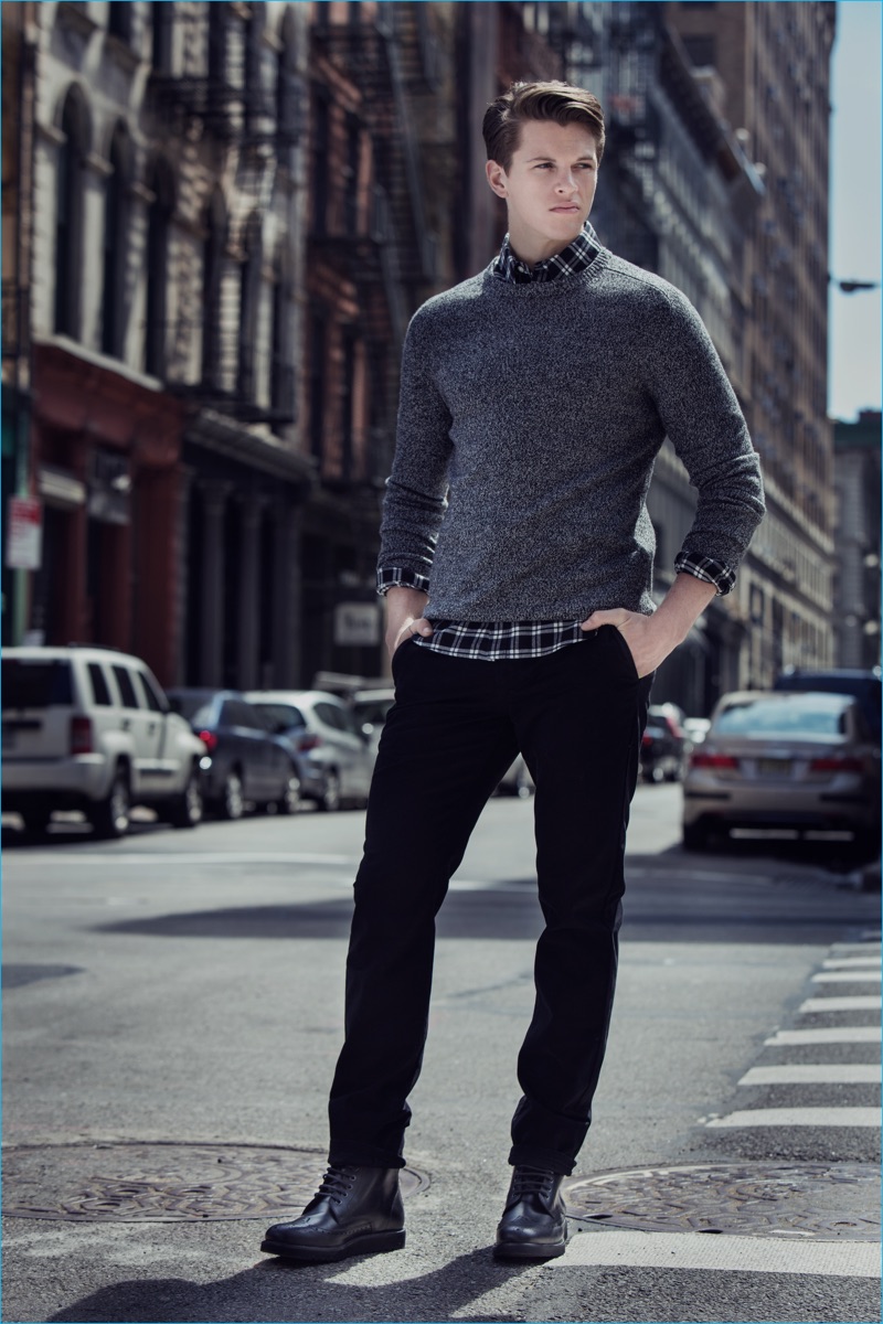 Alex Valley wears a smart sweater and button-down shirt for Slate & Stone's fall-winter 2016 campaign.