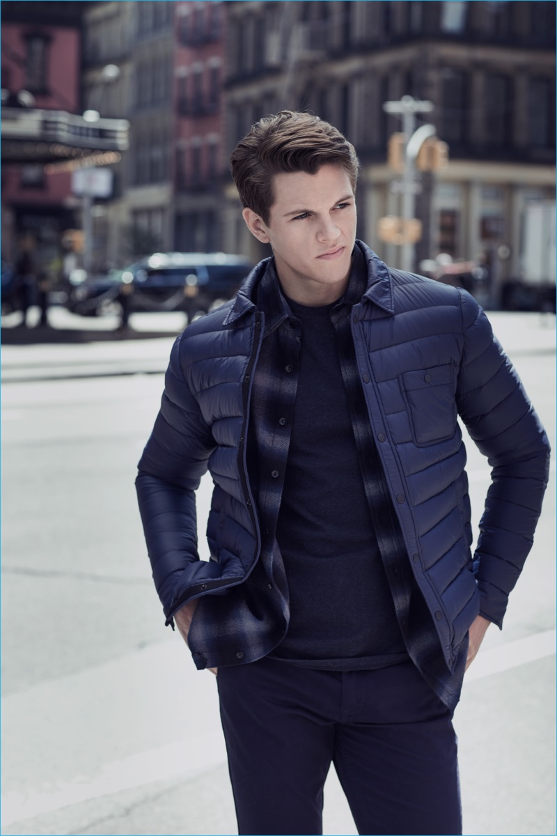 Alex Valley pictured in a quilted down jacket for Slate & Stone's fall-winter 2016 campaign.