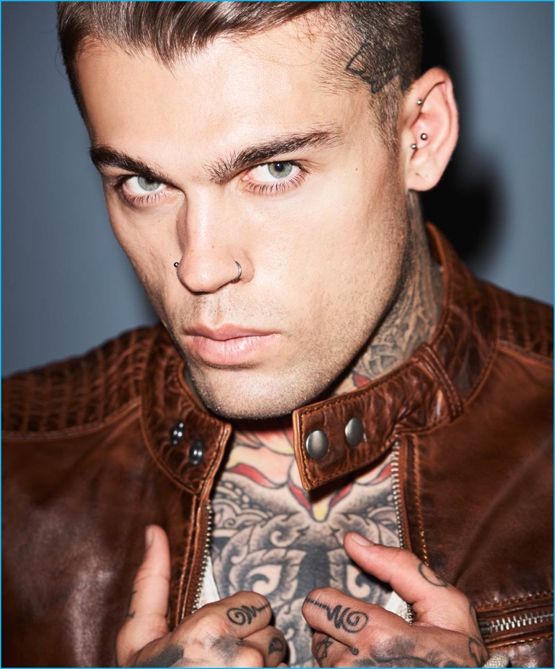 Stephen James pictured in a brown Autark racer leather jacket for Theo Wormland's fall-winter 2016 campaign.