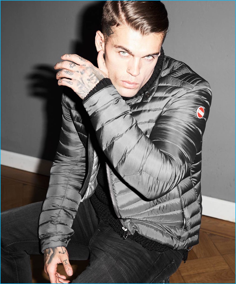 Stephen James wears a grey Colmar quilted jacket with Lee denim jeans and  an Ege Triko turtleneck sweater for Theo Wormland's fall-winter 2016 campaign.
