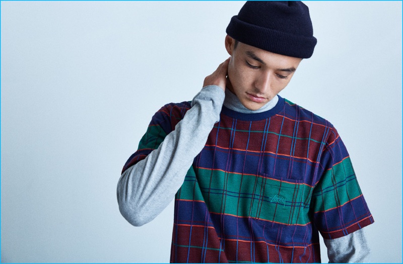 Stüssy Plaid Tee, UO Basic Mock Neck Long-Sleeve Tee and Solid Beanie.