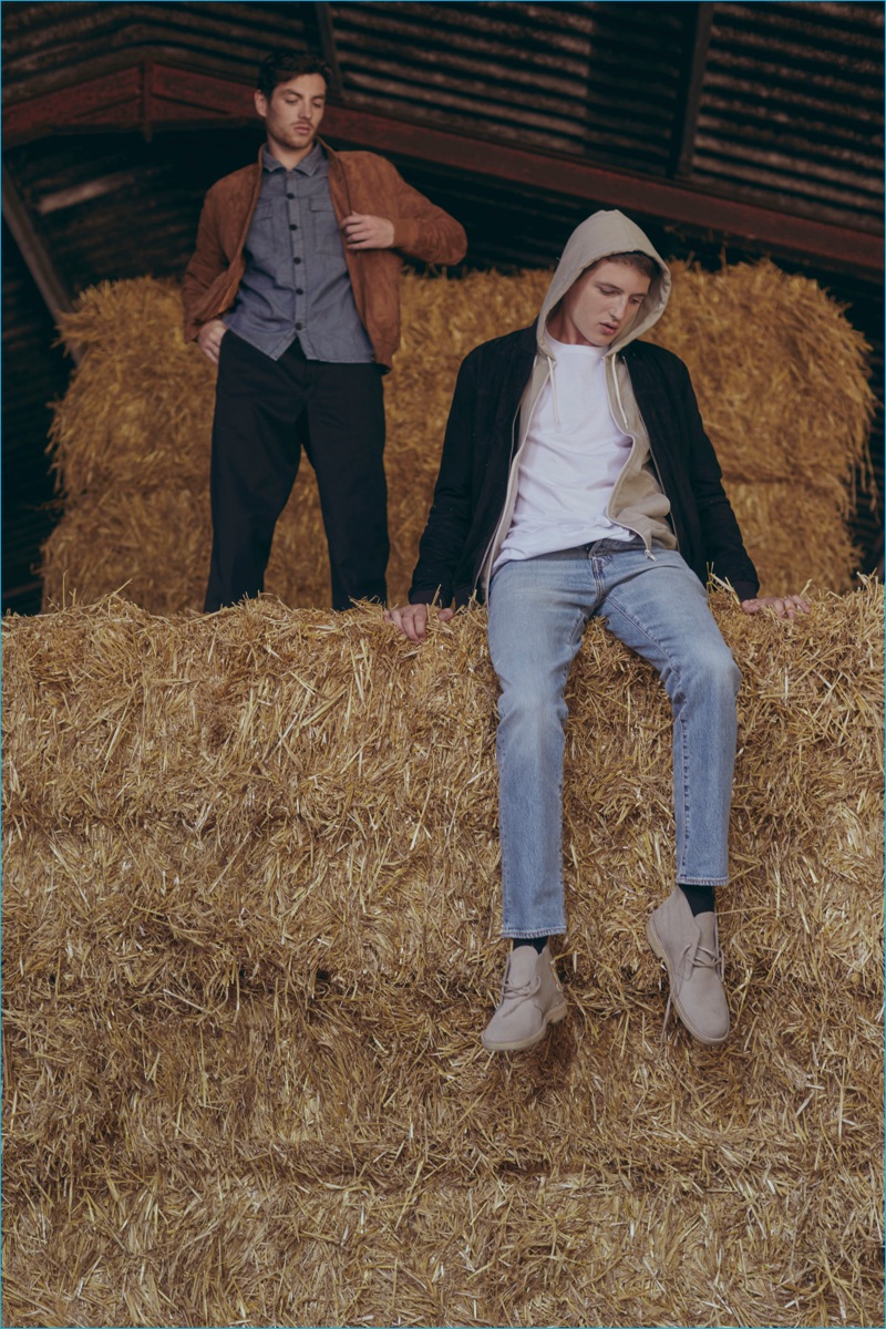 Adam C. and Simon Skitch pose on haystacks for The Idle Man's fall-winter 2016 lookbook.