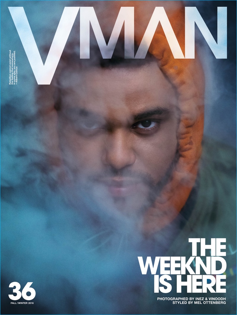 The Weeknd covers the fall-winter 2016 issue of VMAN in an orange Mr. Completely hoodie with a green Burberry bomber jacket.