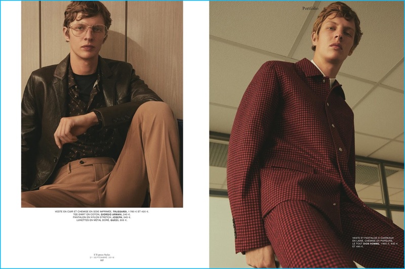 Tim Schuhmacher appears in an editorial for L'Express Styles, wearing fashions from brands such as Giorgio Armani, Trussardi, Gucci, and Dior Homme.
