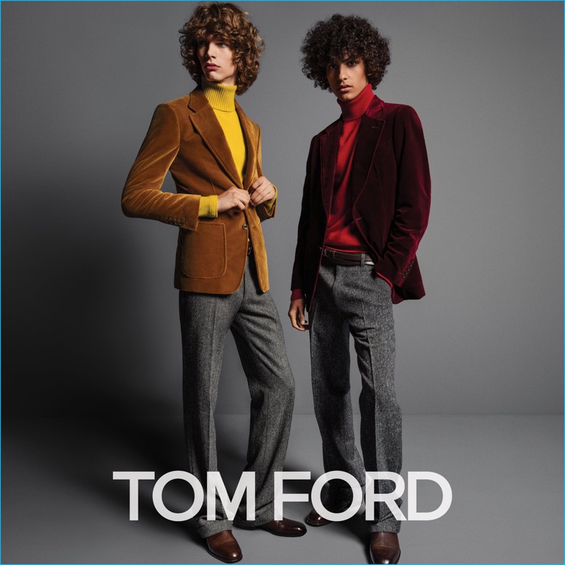 Models Erik van Gils and Tre Samuels don velvet jackets and cashmere turtleneck sweaters for Tom Ford's fall-winter 2016 men's campaign.