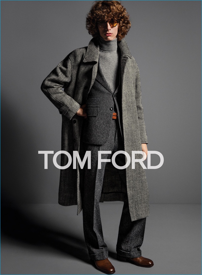 Erik van Gils dons relaxed tailoring and a turtleneck sweater for Tom Ford's fall-winter 2016 menswear campaign.