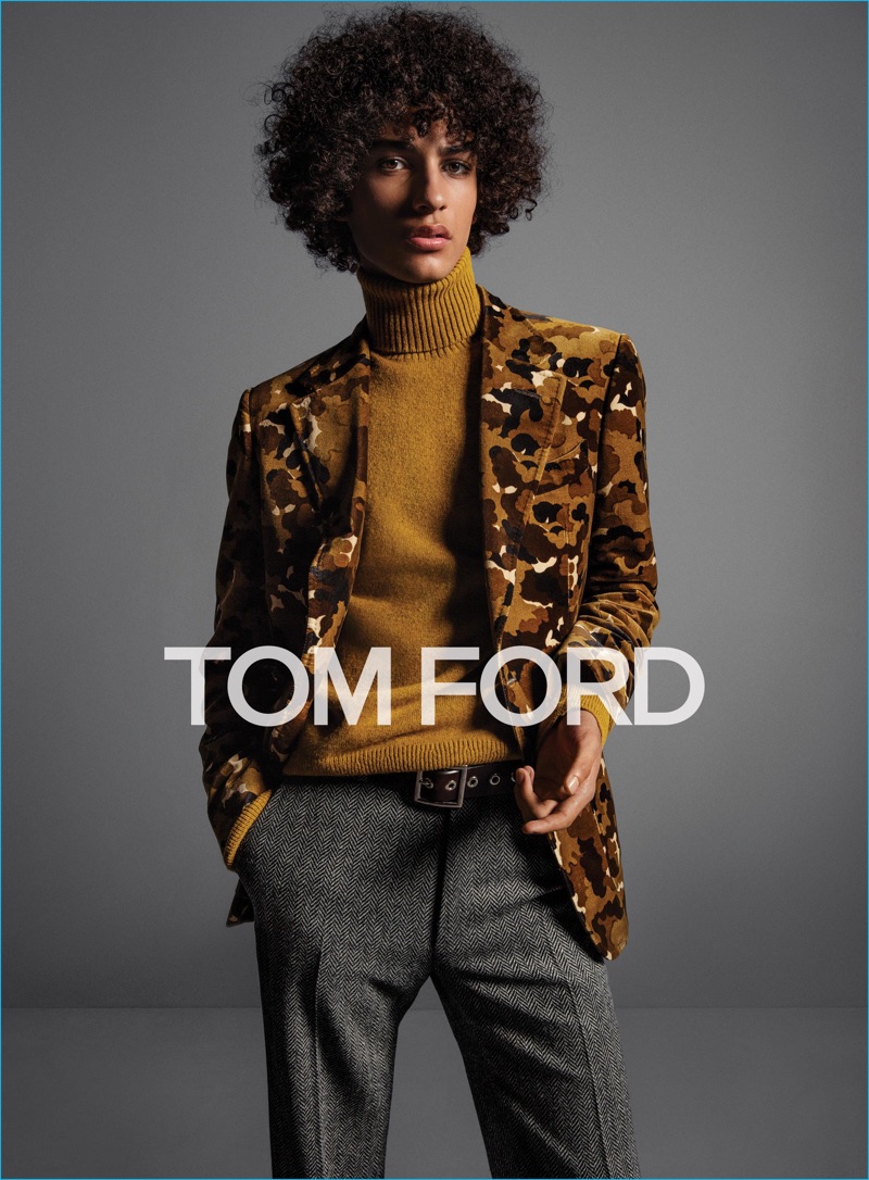 Tre Samuels channels 70s style in a chic turtleneck sweater and patterned blazer for Tom Ford's fall-winter 2016 menswear campaign.