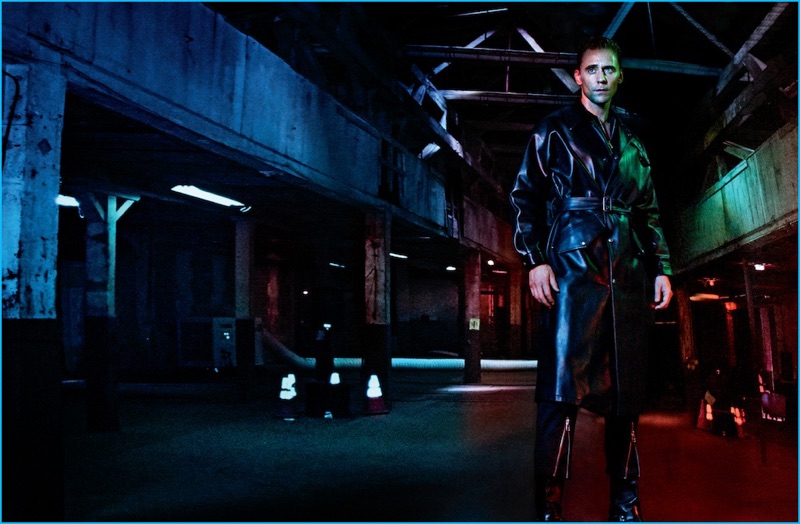Tom Hiddleston rocks a leather Bottega Veneta coat with 3.1 Phillip Lim jumpsuit and Frye boots for Interview magazine.