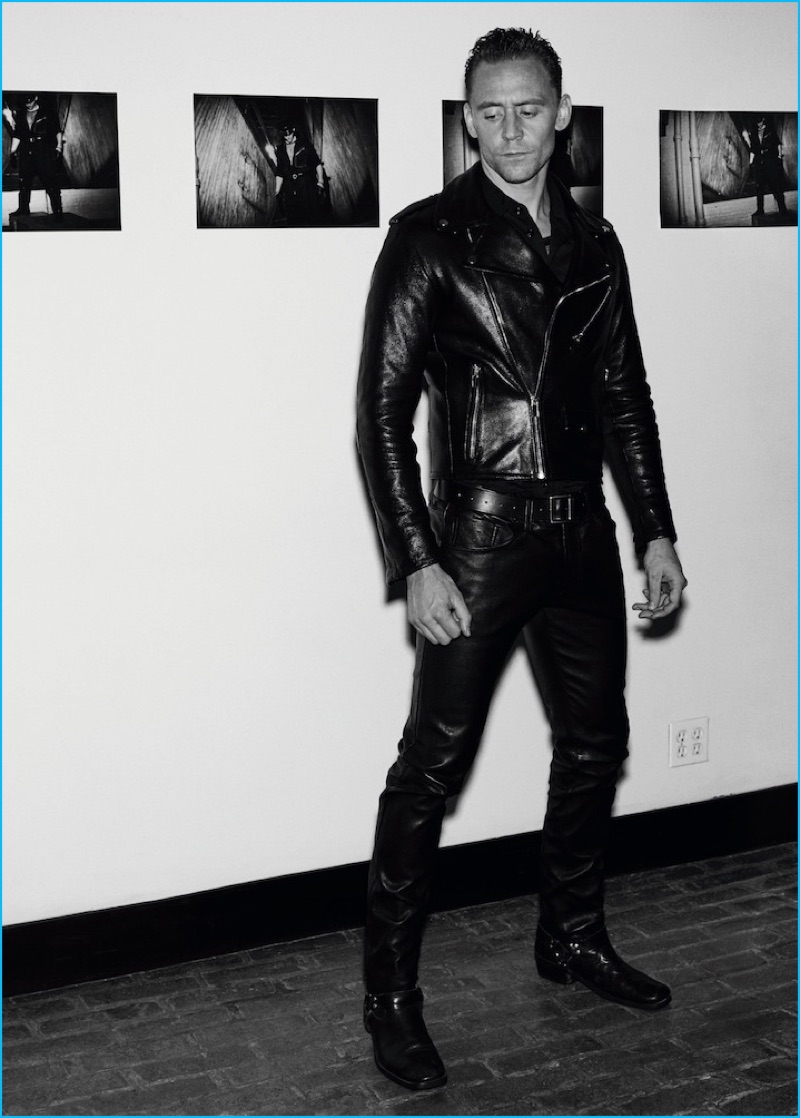 Tom Hiddleston channels his inner biker in a leather biker jacket and shirt from Coach. Photographed for Interview magazine, Hiddleston also wears J Brand leather pants with a Golden Goose Deluxe Brand belt and vintage boots.