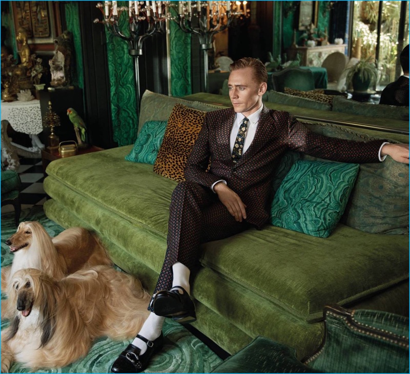Tom Hiddleston rocks a jacquard Heritage suit with Mary Jane shoes for Gucci's cruise 2017 tailoring campaign.