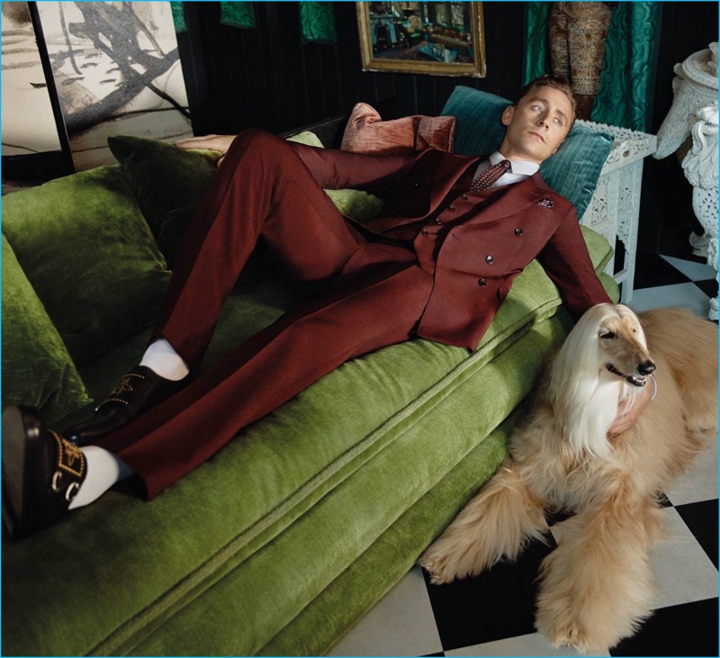 Tom Hiddleston relaxes in a double-breasted, three-piece New Signoria suit for Gucci's cruise 2017 tailoring campaign.